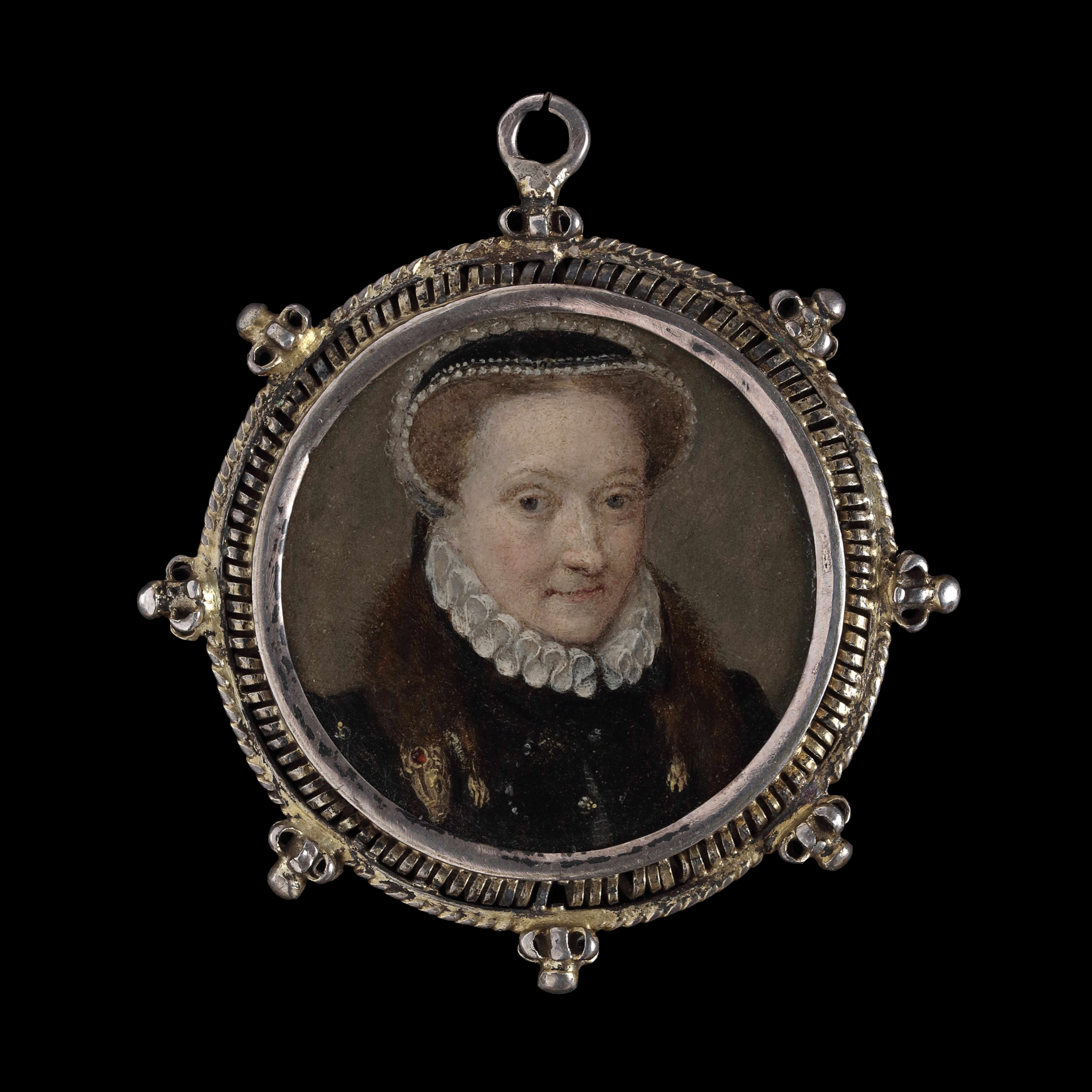 Portrait of a Lady, wearing a black gown with gold fasteners, a white ruff and cap, and a gold headed 'zibellino'